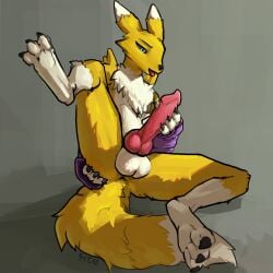 anthro anus ass balls bandai_namco butt_grab chest_tuft digimon digimon_(species) erection genitals hand_on_butt hi_res knot looking_at_genitalia looking_at_penis male masturbation open_mouth penis presenting raised_leg renamon shmike1 solo tail tuft