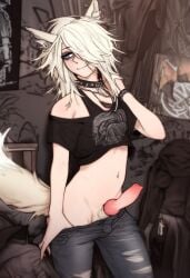 ai_generated animal_genitalia_on_humanoid bedroom blonde_hair blue_eyes canine_penis canine_penis_on_humanoid compact_body cookie-girl crop_top eyeliner ezara_(oc) fox_boy fox_ears fox_tail goth goth_boy hands_behind_head pants_pull punk punk_boy seductive seductive_look seductive_pose skinny skinny_male smile solo solo_focus solo_male spiked_collar