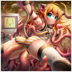 2014 abstract_background animal_ears ass blonde_hair blue_eyes blush boots breast_grab breasts cat_ears clothed clothes emperpep female forced game_boy gloves grope hair human legwear long_hair looking_at_viewer looking_back mammal panties penetration pussy rape shirt skimpy spread_legs spreading stockings striped striped_panties tentacle thigh_high_boots thighs underwear vaginal_penetration