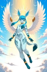 1girls 2026 ai_generated angel angel_wings anklet anthro blue_eyes blue_fur bracelet choker digitigrade earrings eeveelution female female_only flat_chest flying generation_4_pokemon glaceon gold_jewelry halo hi_res innie_pussy jewelry nintendo nude nude_female outdoors pokemon pokemon_(species) pussy smile tattoo tattoo_on_arm tattoo_on_chest tattoo_on_legs tattoo_on_stomach tattooed_arm tattoos wings zonoya_(artist)