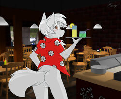 1boy andrew anthro arctic_fox back balls blush bottomless brown_eyes canine chairs claws clothing common_grounds counter drinks flower fox fur furry hair helsy lemon looking_at_viewer male male_only mammal mustard public restaurant shirt solo straw tables tray tuft white_hair