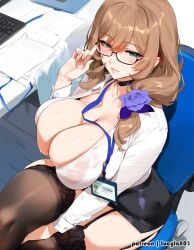 1girls ai_generated breasts brown_hair cleavage female genshin_impact glasses green_eyes huge_breasts light-skinned_female light_skin lisa_(genshin_impact) long_hair lucyla name_tag office_lady thick_thighs