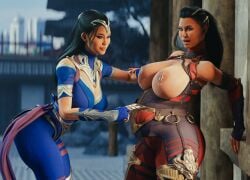 2girls 3d belly big_belly big_breasts breasts breasts_out clubzenny female kitana lactation mileena mortal_kombat nipples pregnant sisters