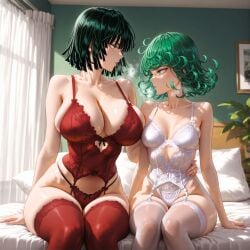 2girls ai_generated alex-schura bare_arms bare_legs bare_shoulders bare_thighs big_breasts blush bra breasts clothed clothing color female female_focus female_only fubuki_(kantai_collection) green_eyes green_hair hi_res large_breasts light-skinned_female light_skin lingerie one-punch_man panties short_hair solo_female tagme tatsumaki thick_thighs underwear