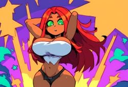 ai_generated alien alien_girl alternate_breast_size casual curvaceous dc dc_comics female huge_breasts mullon novelai orange_body red_hair shorts smile starfire tamaranean tank_top thick_thighs top_heavy