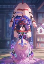 ai_generated bondage citlali_(genshin_impact) genshin_impact hanging_from_rope pink_hair raaicave tied_up upside-down