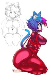 1girls ball_gag big_breasts blue_eyes blue_hair bondage bondage cat_ears cat_tail catgirl female female_only huge_ass latex latex_suit light-skinned_female neko_(raiden_artworks) original_character purple_highlights raiden_artworks tagme thick_thighs