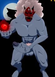 big_balls big_feet big_penis blue_body cumshot dead_by_daylight fanart flashlight japanese_mythology moonlight muscle muscular_male oni penis the_oni_(dbd) toonfurart white_hair