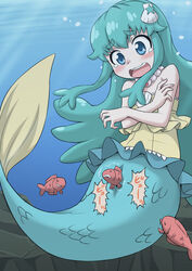 bare_shoulders blue_eyes blue_hair blush clothing female fish fish_in_pussy gachon_jirou happinesscharge_precure! long_hair mermaid monster_girl open_mouth precure pretty_cure pussy shell shirayuki_hime solo tears underwater vaginal_penetration water zoophilia