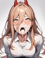 1girls ahe_gao ahe_gao ai_generated chainsaw_man cum cum_in_mouth cum_on_face drooling morindar open_mouth power_(chainsaw_man) red_horns shirt white_shirt