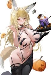 absurdres animal_ear_fluff animal_ears arknights armpit_crease azur_lane bare_shoulders bikini biting_lip black_bikini blonde_hair blush breasts cake cosplay embarrassed female food frustrated groin highres holding holding_tray jack-o'-lantern large_breasts long_hair looking_at_viewer navel orange_eyes owari_(azur_lane) owari_(azur_lane)_(cosplay) owari_(my_wish_is_for_love)_(azur_lane) parted_lips sabou_san-shitsu_kokoro simple_background solo stomach swimsuit tail tray very_long_hair vulpisfoglia_(arknights) white_background