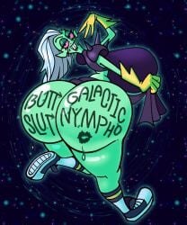 1girls alien alien_girl bottomless disney galactabee gigantic_ass gigantic_breasts green_skin grin huge_ass huge_breasts lipstick_mark lipstick_mark_on_ass looking_at_viewer lord_dominator pointy_ears skirt_lift smile smiling smiling_at_viewer solo wander_over_yonder white_hair writing_on_ass writing_on_body yellowjackinit