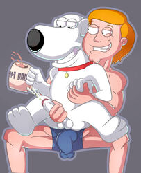 anthro anthro_on_human balls balls_outline bestiality brian_griffin bulge canine coffee collar cum cumshot dylan_flannigan erection family_guy foreskin gay grey_background handjob human humanoid_penis interspecies iyumiblue male masturbation multiple_males partially_retracted_foreskin penis penis_shaped_bulge reach_around sitting_on_lap smile spread_legs uncut underwear_only vpl white_fur yaoi