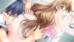 ass bathroom blue_hair blush bra breasts brown_hair embarrassed female game_cg green_eyes highres himegoto_union:_we_are_in_the_springtime_of_life! huge_breasts legs long_hair looking_back no_panties short_hair standing steam sweat takeya_masami thighs