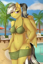 2014 absurdres anthro anthrofied big_muffintosh bikini cleavage cloud cutie_mark daring_do_(mlp) equine eyelashes female friendship_is_magic furry highres looking_at_viewer mammal my_little_pony navel outdoors pegasus pool pussy smile solo straight_hair swimsuit uncensored water wings