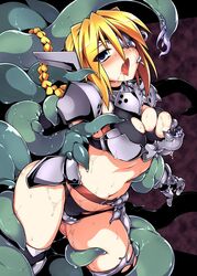 armor belt between_legs bikini_armor black_legwear black_panties blonde_hair blue_eyes blush braid breast_grab breastplate breasts cleavage drooling eye_patch female frottage grabbing leaning_forward long_hair navel open_mouth original panties ponytail pussy_juice rape restrained saliva slime solo tank_top tentacle thighhighs tied_hair tomoshibi_hidekazu tongue tongue_out torn_clothes underwear very_long_hair