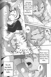 69 balls bed black_and_white blanket blush clothing comic cougar cute dialog english_text feline fellatio fur hair long_hair male mammal mikazuki_karasu monochrome open_mouth oral oral_sex partially_clothed penis sex stripes text tiger translated underwear white_fur yaoi