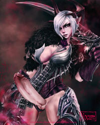 1futa armor castanic cleavage erection futa_only futa_sans_balls futanari horns intersex large_penis nocure penis pointy_ears pussy short_hair solo standing sword tera tera_online uncensored veiny_penis weapon white_hair