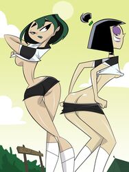 2girls ass black_hair breasts butt_crack camp crossover danny_phantom erect_nipples eyeshadow female female_only goth green_hair grin gwen_(tdi) hair human humanoid lipstick looking_back mooning multicolored_hair multiple_females nipples ponytail sam_manson shiny shiny_skin shirt_lift short_hair shorts smile supersouthmoor tied_hair total_drama_island undressing woods