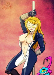 1girls avengers blonde_hair blue_eyes bobbi_morse bodysuit breasts exposed_breasts female lipstick long_hair looking_over_eyewear looking_over_glasses marvel marvel_comics mockingbird_(marvel_comics) my_pet_tentacle_monster navel nipples open_clothes smile staff standing stripper stripper_pole sunglasses tinted_eyewear weapon yellow-tinted_eyewear