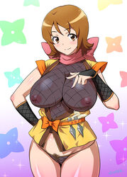 bow breasts brown_eyes brown_hair clothing fishnet_armwear fishnet_panties fishnet_top happinesscharge_precure! huge_breasts joy_ride kunoichi large_breasts navel ninja nipples oomori_yuuko panties plump precure pretty_cure pubic_hair see-through see-through_clothing see-through_panties tagme uncensored