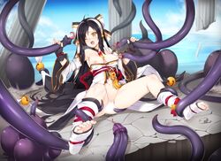 ara_haan black_gloves black_hair breasts censored cleavage detached_sleeves dress dress_pull elsword feet female fingerless_gloves gloves hair_ornament handjob helpless highres imminent_penetration imminent_rape imminent_sex kuro_(kuronell) long_hair navel nipple_tweak nipples open_mouth penis pubic_hair pussy_juice rape restrained solo spread_legs tears tentacle torn_clothes torn_dress very_long_hair wince yellow_eyes