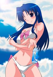 artist_request bikini blue_hair blush bottle bow breasts eyebrows_visible_through_hair female kawashima_ami medium_breasts nipples_visible_through_clothing one_eye_closed pantsu pink_bow promotional_artwork smile swimsuit toradora! underwear wink