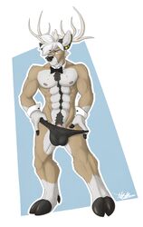 1boy abs anthro antlers bastion black_underwear bulge cervine color deer front_view fur furry gauged_ear horn looking_at_viewer male male_only mammal mnty nipples piercing solo stripper thong