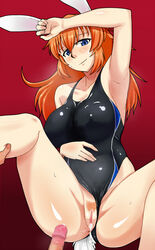 1boy after_sex animal_ears arm_up blush bunny_ears censored charlotte_e_yeager competition_swimsuit cum cum_in_pussy cum_on_body cum_on_clothes female gradient gradient_background haru-same highres large_breasts long_hair looking_at_viewer one-piece_swimsuit orange_hair penis pov pov_eye_contact pubic_hair pussy solo_focus spread_legs strike_witches sweat swimsuit swimsuit_aside tail