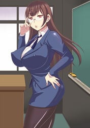 1futa 2d 2d_(artwork) black_legwear blazer breasts brown_hair business_suit chalkboard classroom erect_nipples female futanari glasses huge_breasts implied_futanari intersex kumikouj light-skinned_futanari light_skin lips long_hair looking_at_viewer office_lady original pale-skinned_futanari pale_skin podium red_eyes skirt teacher