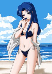 artist_request beach bikini blue_eyes blue_hair bracelet breasts cleavage clothing female kawashima_ami lipstick medium_breasts purple_eyes sea seductive_smile side-tie_bikini swimsuit toradora! underwear undressing