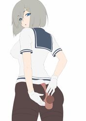 ass blue_eyes breasts buttjob female flat_colors gloves hair_ornament hair_over_one_eye hairclip hamakaze_(kantai_collection) kantai_collection large_breasts looking_back magic_penis no_pants odaodaoaoda pantyhose penis sailor_collar short_hair silver_hair solo standing thighband_pantyhose white_gloves