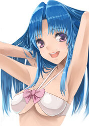 armpits arms_behind_back bikini blue_hair blush female kawashima_ami long_hair mokkosu. purple_eyes smile swimsuit toradora! underboob