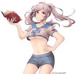 book braid breasts brown_eyes clavicle cowboy_shot crop_top denim denim_shorts female fire_emblem fire_emblem_awakening flag_print french_braid gloves hand_on_hip hand_up happukiri high_resolution long_hair looking_at_viewer medium_breasts midriff navel norway norwegian_flag robe robin_(fire_emblem) robin_(fire_emblem)_(female) short_shorts short_sleeves shorts silver_hair simple_background smile solo standing stomach text_on_clothes tied_hair twintails underboob white_background white_hair