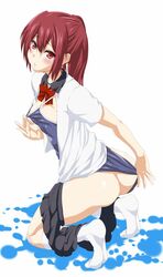 ass blush bowtie breasts cleavage cleavage_reach competition_swimsuit female free! jpeg_artifacts kneeling long_hair matsuoka_gou nipples odaodaoaoda one-piece_swimsuit open_clothes ponytail red_eyes red_hair school_uniform skirt skirt_around_one_leg socks solo swimsuit swimsuit_pull swimsuit_under_clothes tied_hair undressing