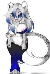 1girls anthro bent_over blue_eyes blush breasts character_request chubby clothed clothing dyed_hair feline female fur furry jeans leopard mammal nipple_piercing nipples piercing pocketmew pussy skimpy smirk snow_leopard undressing wide_hips