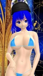 2025 3d big_breasts bikini blue-haired_female blue_bikini breasts clavicle cleavage deity earth female female_only hand_on_hip hati_yukkuri_mmd hecatia_lapislazuli hips indoors light-skinned_female looking_at_viewer midriff mikumikudance mmd navel short-haired_female smiling_at_viewer swimsuit touhou waist
