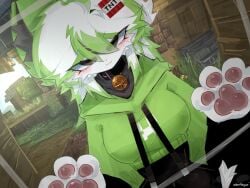 1girl artist_name artist_request creeper_hoodie curvy female female_only furry green_hair long_eyelashes looking_at_viewer minecraft navel not_porn tnt white_hair x zanfeyur