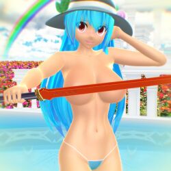 2025 3d angel big_breasts bikini blush breasts clavicle cleavage clouds convenient_censoring cyan-haired_female cyan_bikini female female_only flowers hand_on_head hat hati_yukkuri_mmd headwear hips holding_weapon light-skinned_female long-haired_female mikumikudance mmd navel one_arm_up open_mouth outdoors rainbow red-eyed_female swimsuit sword tenshi_hinanawi topless_female touhou waist water