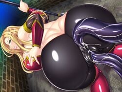 anal ass big_ass blonde_hair breasts cameltoe character_request game_cg huge_breasts looking_back ma_wo_haramu_buki pichipichi_garou_r skin_tight spandex sweat tentacle vaginal_penetration