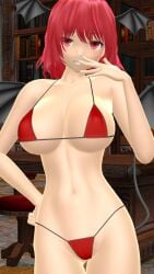 2025 3d big_breasts bikini books bookshelf breasts chair clavicle cleavage demon female female_only hand_on_mouth hand_on_waist hati_yukkuri_mmd hips indoors koakuma library light-skinned_female midriff mikumikudance mmd navel one_arm_up red-eyed_female red-haired_female red_bikini short-haired_female smiling_at_viewer swimsuit table tail touhou waist wings wings_on_head