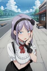 1girl ai_generated black_flower black_rose blue_eyes breasts cloud dagashi_kashi day digitalwaifugallery female female_only flower frills hair_flower hair_ornament hairband hand_on_own_cheek hi_res high_quality high_resolution large_breasts open_mouth outdoors patreon purple_hair ringed_eyes rose seductive sexy shidare_hotaru short_hair skirt sky solo suspender_skirt suspenders uncensored watermark