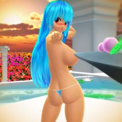 2025 3d afternoon angel areolae_peeking arm_behind_head back_view bikini blush butt butt_crack clouds convenient_censoring cyan-haired_female cyan_bikini female female_only flowers hat hati_yukkuri_mmd hips long-haired_female looking_at_viewer looking_back_at_viewer mikumikudance mmd one_arm_up open_mouth outdoors red-eyed_female sideboob sun sunset swimsuit tenshi_hinanawi topless_female touhou waist water