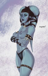 1girls aayla_secura alien_girl bikini_bottom blue_skin blush brown_eyes crossed_arms female female_only femsub harem_girl headwear large_breasts slave slave_collar slave_girl star_wars sticky_goblin submissive_female topless twi'lek