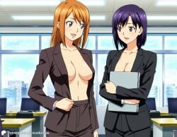 2girls ai_generated braless breasts business_suit casual casual_nudity cityscape computer encoder female indoors no_bra office office_clothing office_lady partially_clothed partially_nude public standing