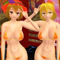 2025 2girls 3d autumn_leaves big_breasts bikini blonde-haired_female blush breasts brown-eyed_female brown-haired_female busty clavicle cleavage deity female female_only hat hati_yukkuri_mmd headwear hips light-skinned_female looking_at_viewer mikumikudance minoriko_aki mmd navel one_arm_up open_mouth orange_bikini outdoors peace_sign sensual sexy shizuha_aki short_hair sisters swimsuit toned touhou voluptuous waist yellow-eyed_female