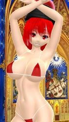 2025 3d armpits arms_up big_breasts bikini breasts clavicle cleavage deity female female_only hati_yukkuri_mmd hecatia_lapislazuli hips indoors light-skinned_female looking_at_viewer midriff mikumikudance mmd navel red-haired_female red_bikini short-haired_female smiling_at_viewer swimsuit touhou waist