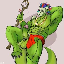 1:1 abs accessory anthro armpit_fetish balls biceps big_balls bone bone_mask erection exoticdragonbeing genitals green_body hi_res holding_object humanoid_genitalia humanoid_penis lihzahrd lizard looking_at_viewer male male_only mask muscular muscular_anthro muscular_male nipples nude pecs penis raised_arm reptile scalie simple_background skull skull_mask solo tail terraria witch_doctor_(terraria)