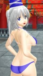 2025 3d back bikini blue-eyed_female blue_bikini breasts butt female female_only hands_on_hips hat hati_yukkuri_mmd headwear human light-skinned_female long-haired_female looking_at_viewer looking_back_at_viewer mikumikudance mmd mononobe_no_futo open_mouth outdoors sideboob swimsuit tied_hair touhou white-haired_female