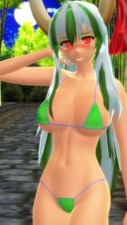 2025 3d bamboo big_breasts bikini blush breasts clavicle cleavage clouds female female_only green_bikini hand_on_head hati_yukkuri_mmd hips horns keine_kamishirasawa long-haired_female looking_at_viewer lycanthrope midriff mikumikudance mmd moon multicolored_hair navel night one_arm_up open_mouth outdoors red-eyed_female red_bow swimsuit touhou waist youkai